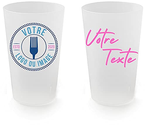 LPF LE PETIT FOURNISSEUR - Lot de 100 Gobelets Personnalisés Réutilisables 25cl (33cl max) - Couleur Givrée - Impression Digitale Couleur 360° Image, Logo ou Texte - Compatible lave-vaisselle