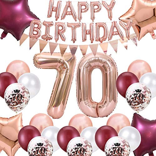 Fechy 70. Geburtstag Dekorationen Weinrot Roségold für Frauen, Happy Birthday Ballon Wimpelkette Banner Nummer 70 Geburtstagsballons Weinrot Stern Folienballons Roségold für Mutter 70. Geburtstag