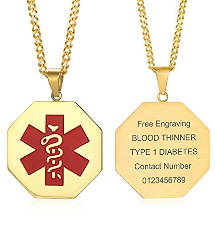 VNOX Medizinischer Alarm Halskette mit achteckigem Dog Tag-Anhänger Personalisierte ID Medical Allergie SOS Awareness Schmuck Anpassen Gravierter Name Datum ID Halskette, Kostenlose Notfallkarte