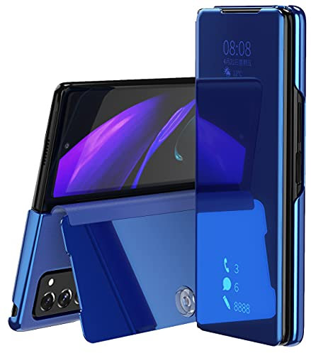 SZMLOGB MLOTECH Kompatibel Samsung Galaxy Z Fold 3 Hülle Handyhülle + Schutzfolie Flip Transluzent View Miroir Cover Anti-Schock Spiegel Standfunktion Schutzhülle Himmelblau