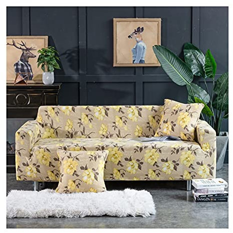 AMDXD Sofabezug 3 Sitzer, Blumen und Blätter Muster Sofa Stretchhusse Möbelschutz mit Elastischem für Wohnzimmer, in Polyester, Anti-Rutsch, Elastischer, Braun Gelb, Stil 2