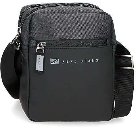 Pepe Jeans Jarvis Umhängetasche, zwei Fächer, Schwarz, 17 x 22 x 7 cm, Polyester mit Details aus Kunstleder