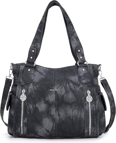 ZOCAI AngelKiss Handtasche Damen Schultertasche Multifunktionale Umhängetaschen Gewaschenes Veganes Leder Wasserdicht mit Reißver Schlusstaschen Reißverschlusstasche (Schwarzgrau)