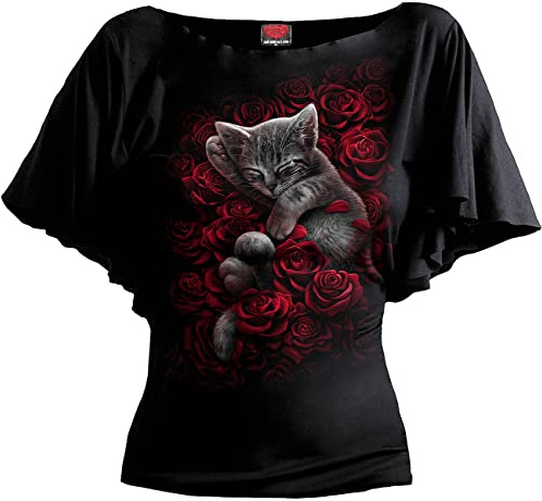 Spiral - Bed of Roses - Boat Neck Bat Sleeve Top Black