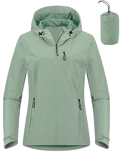 Outdoor Ventures Damen Regenjacke 10000MM Wasserdicht Leichte Gefüttert Packbar Sportjacke Funktionsjacke Atmungsaktiv Fahrrad Jacke mit Kapuze Mintgrün XL