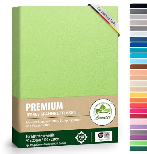 Premium Spannbettlaken, extra schwer und dick, 97% Mako-Jersey-Baumwolle und 3% Elasthan, auch Boxspringbett geeignet, 90 x 200-100 x 220 cm, Apfelgrün/Hellgrün