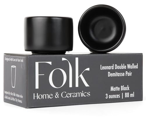 Folk Ceramics Leonard Espressotassen aus Keramik, modern, stapelbar, Demitasse-Tassen für Espresso, dickwandig, grifflos, langlebig, spülmaschinen- und mikrowellengeeignet, 85 ml, Mattschwarz, 2 Stück