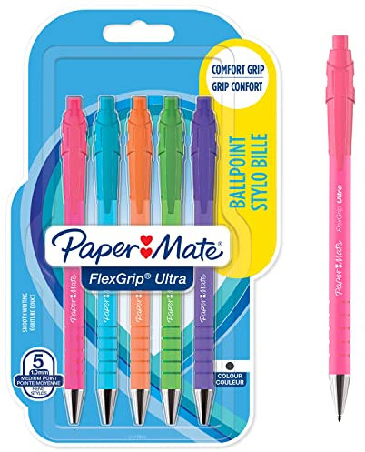 Paper Mate FlexGrip Ultra Bright Ballpoint Pens | Medium Point (1.0mm) | Black Ink | Bright Barrels | 5 Count