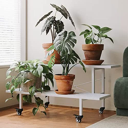 GIZNXBA 2-stöckiger Blumenregal Outdoor Mit Rädern Pflanzenständer Metall Für Home Indoor Pflanzenregal Blumentreppe Pflanzentreppe Für Ecke Balkon Garten (Color : /White)
