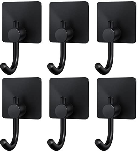 Lychico Self Adhesive Hooks 6pcs, Heavy Duty and Waterproof, Hanging up to 6KG, Wall Door Sticky Hooks for Towels, Coats, Hats, Purses in Bathroom, Shower, Kitchen, Black