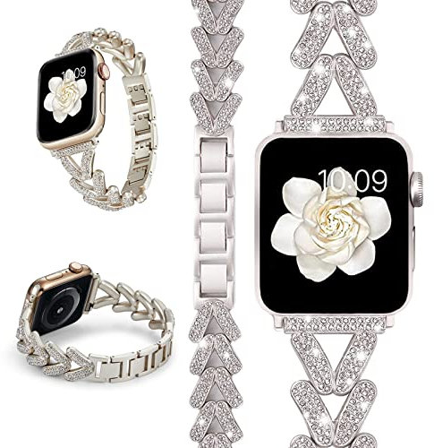 Miimall Strap Compatible with Apple Watch Series 10 9 8 7 6 5 4 3 2 1 SE, Bling Rhinestone Zinc Alloy Band Women Adjustable Replacement Bracelet Strap for iWatch 42mm/41mm/40mm/38mm, Starlight