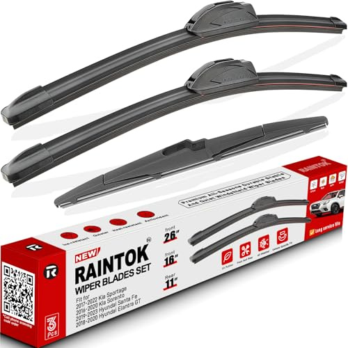 RAINTOK Limpiaparabrisas de repuesto para Kia Sportage 2017-2022 / Hyundai Santa Fe 2019-2021 / Kia Sorento 2016-2020 original de calidad de fábrica, juego de limpiaparabrisas delanteros y traseros