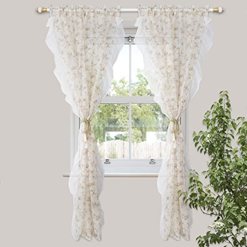 Ricemru Rosa Blumen Vorhang Transparent Ruffle Französischer Landhausstil Country Chic 2 Stück Voile Vorhänge Gardinen Durchsichtig Gardine Schal Fensterschal für Wohnzimmer,132x160cm