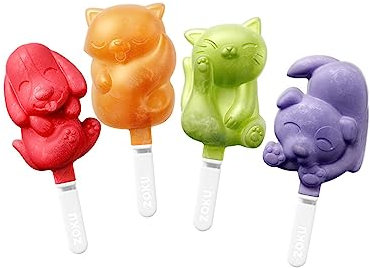 Zoku Cats & Dogs Ice Pop Lolly Mould (4 Sticks) one Stackable Tray with Two cat and Dog Ice Lolly Moulds Spill Resistant Lid