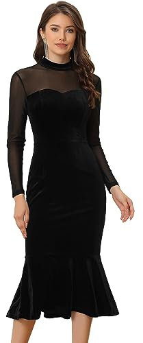 Allegra K Robe moulante élégante en velours et maille transparente avec col montant, robe de cocktail midi pour femme, Noir , L