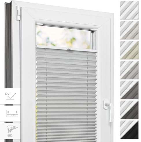 Estika Thermo-Plissee mit Bohren - 125 cm x 120 cm - Farbe: Hellgrau - Plissee Blickdicht, Fensterrollos für innen, Verdunkelungsplissee, Rollos für Fenster