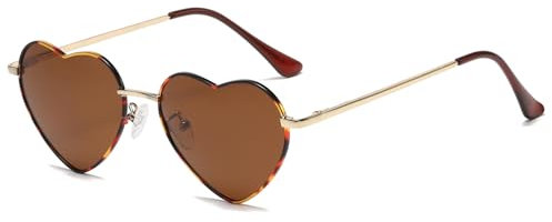 JCTAIFOO Polarisierte Herz Sonnenbrille für Damen Vintage Mode Liebe Form Gold Metallrahmen Nette Party Festival Brille Gold-leopard/Braun