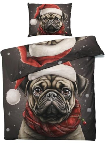QEODAH Mops Bettwäsche 135x200 Winter - Weihnachts Tiere Bettbezug 135 x 200 2er Set - Wendebettwäsche & Kissenbezug 80x80 cm - Weiche Mikrofaser Bettwäsche-Sets mit Reißverschluss