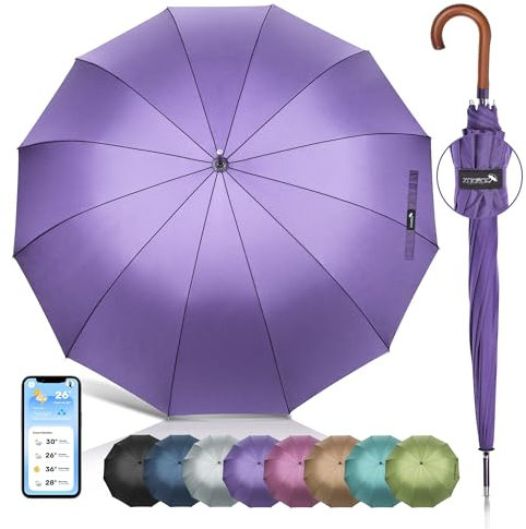 ZOMAKE Stockschirm Groß XXL- 12 Rippen Regenschirm Sturmfest Automatik Für Herren & Damen,55 Inch Stockschirme Großer Stabil Mit Holzgriff,Regenschirme Golf Schwarz Für 2 Personen(Violett)