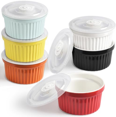 homEdge Lot de 6 ramequins en porcelaine avec couvercle, 240 ml, bol à crème glacée, pour crème brûlée, tasse à soufflé, pour pâtisserie, lot de 6 couleurs assorties