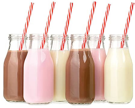 KWARE Glass Milk Bottles with Lids - Empty 300ml Set of 6 Airtight Mini Milk Bottles with Silver Lids for Beverages, Liquids & Décor - Retro Glass Juice Bottles for Weddings, BBQ's & Picnics