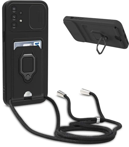 YFSYLL Funda con Cuerda Compatible con Samsung Galaxy S23 FE,Ajustable Collar de Cuello Cordón Carcasa de Silicona,Protección de la cámara Funda,Anillo Soporte,Ranuras para Tarjetas,Negro