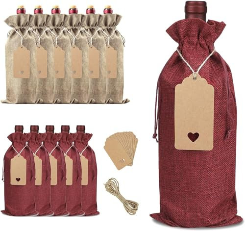 Bolsas de Vino de Arpillera, Bolsas de Vino de Yute con Cordón, Bolsa de Vino Reutilizable, con Etiquetas y Cuerda de Yute, para Regalar Celebraciones y Decoraciones de Fiestas, Paquete de 12
