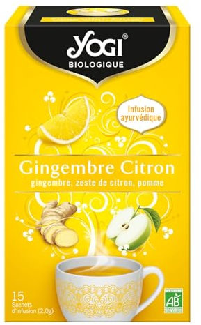 Yogi Biologique Gingembre Citron, Infusion 100% Bio Gingembre, Zeste de Citron et Pomme, 15 Sachets thermosoudés et sans agrafe, 311716