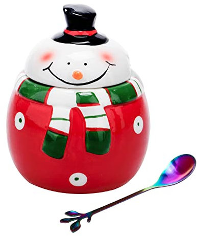 HPYNPES Ceramic Sugar Bowl with Lid and Spoon- Classy Sugar Container with Cute Christmas Snowman Design- Christmas Decorations- Durable, Airtight Sugar Pot with Spoon- Unique Christmas Gifts- 14Oz