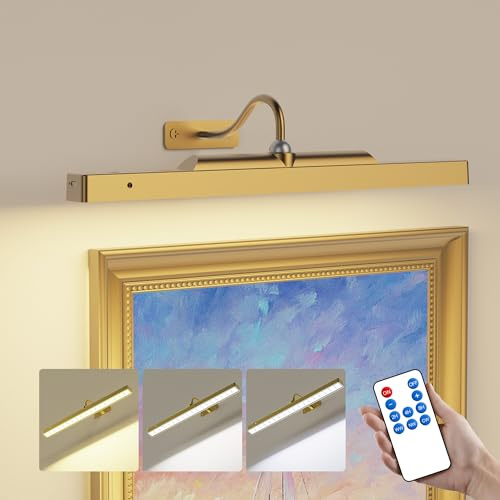 Wireless Picture Light Battery Operated, 1Pack Remote Control Painting Light with Timer, 13Hrs Service Life Art Display Light for Picture Frame Artworking Portrait, Poster, Photo, Mirror_Antique Gold