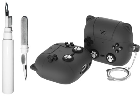 Casevita Süße Hülle, kompatibel mit AirPods 4, mit aktiver Geräuschunterdrückung, mit Schlüsselanhänger, weiches Silikon, Anime-Katzenspiel, stoßfeste Schutzhülle mit Reinigungsset