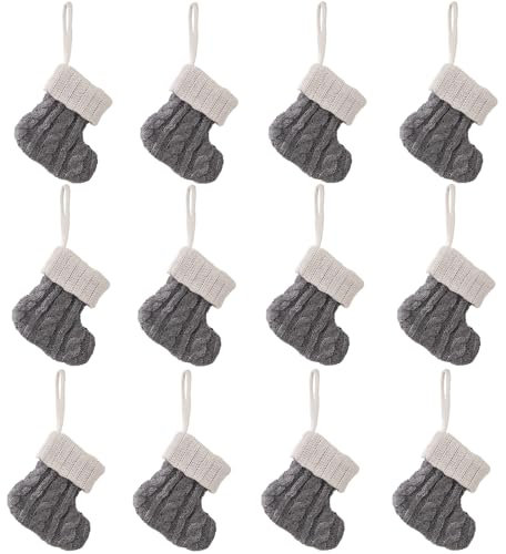 12 Stück Mini Weihnachtsstrümpfe Weihnachten Bestecktasche Besteckhalter, Gestrickte Weihnachtsstrumpf Nikolausstiefel Zum Befüllen, Hängende Strümpfe Besteckbeutel Tischdeko Für Weihnachtsdeko (Grau)