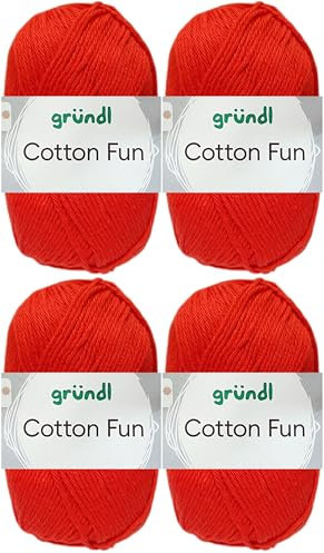 4x50 Gramm Gründl Cotton Fun Häkelgarn aus 100% Baumwolle inkl. Anleitung für Einkaufsnetz (06 Signalrot)