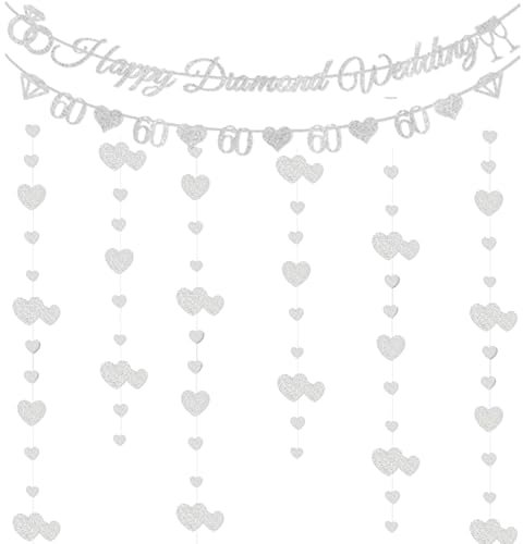 60th Wedding Anniversary Decorations Set - Happy Diamond Wedding Banner With Diamond and Number 60 Bunting, Glitter Hearts Garland 60th Diamond Wedding Anniversary Party Supplies