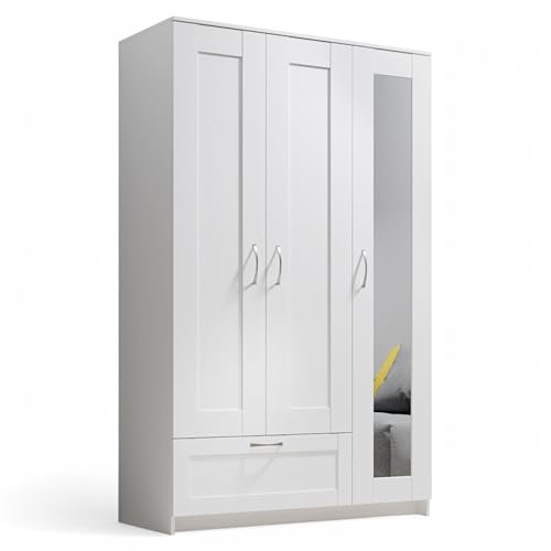 Stella Trading LEPINI Armario con Puerta de Espejo en Color Blanco - Armario versátil de 3 Puertas para su Dormitorio - 117 x 191 x 50 cm (Ancho x Alto x Profundidad)