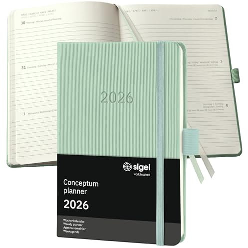 SIGEL C2673 Wochenplaner Wochenkalender 2026, ca. A6, grün, Hardcover, 176 Seiten, Gummiband, Stiftschlaufe, Archivtasche, aus nachhaltigem Papier, Kalenderbuch Conceptum