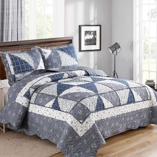DECMAY Colcha Cama 150 Colchas Patchwork Gris 220x240 cm, Colcha con Diseño de Flores, Edredón con Volantes, Manta Multiusos para Sofá, Incluye 2 Fundas de Almohada 48x75 cm