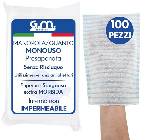 G.M. DISTRIBUZIONE 100 Manopole Saponate Monouso di Alta Qualità, con Soffice Spugna Esterna, Guanti Saponati Monouso Delicatamente Profumati, Senza Risciacquo, Spugne per Anziani Monouso