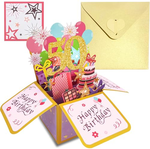 Pop Up-kort Födelsedag 50. Rosaguld, 3D-födelsedagskort för kvinnor Happy Birthday-kort med kuvert och anteckningar, födelsedagskort för barn, mamma, födelsedagspresent, presentkort