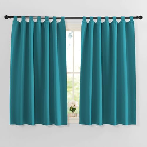 PONY DANCE Kurze Gardinen Küche Modern Schlaufenschal 2er Set H 145 x B 140 cm Thermo Vorhänge Blickdicht Küchengardinen Wohnzimmer Scheibengardinen mit Schlaufen, Türkis