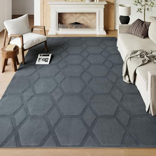 Homcomodar Grau Teppich Wohnzimmer 200x300cm Schlafzimmer Waschbarer Teppiche Moderner 3D Geometrisch Wohnzimmerteppich rutschfest Groß Kurzflor Teppiche für Kinderzimmer Esszimmer Büro
