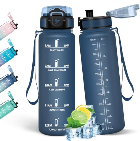 HoneyHolly Botella Agua, 1L, Marcador de Tiempo, Cantimplora, Libre de BPA, Portátil, Botella Agua Gimnasio, A Prueba de Fugas, Cantimplora para Gimnasio, Ciclismo, Oficina y Exteriores