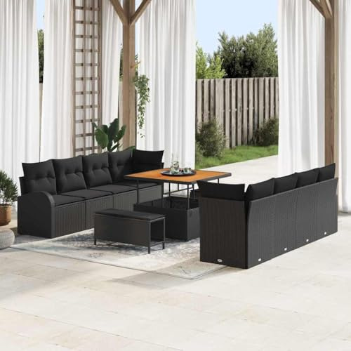Teenpull Garten-Sofa-Set mit Kissen, 11-teilig, Schwarz, Poly-Rattan & Akazienholz, 100x100x71cm, Modernes Design, Outdoor Wohnlandschaft für Terrasse
