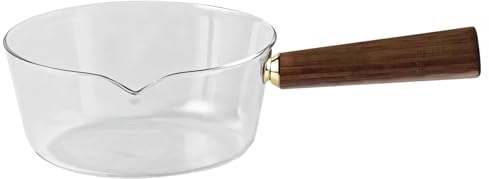 Sartén pequeña de vidrio de borosilicato de 400 ml, olla pequeña para cocina, resistente al calor, mango irrompible, de madera, ensalada de frutas para sopa y hervir, ideal