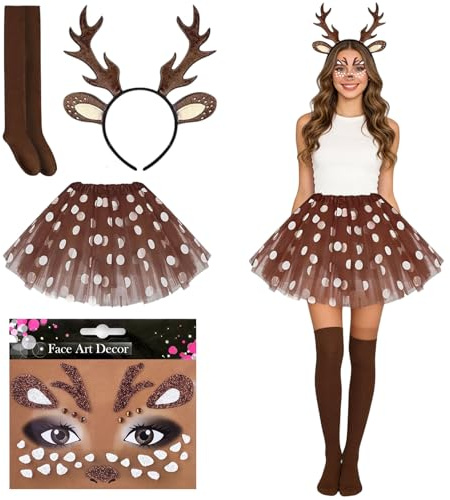 KOMEIYL Reh Kostüm Damen, Reh Kostüm Zubehör Set Damen für Karneval, Geweih Haarreif mit Ohren, Punkte Tutu Rock, Braune Socken & Reh Gesichtstattoo, für Karneval Fasching Mottoparty Kostüm (A)