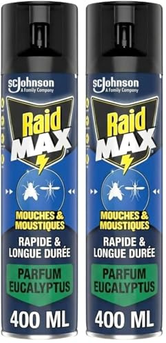 Raid Max Aérosol Mouches et Moustiques - 2 en 1 Action Rapide et Longue Durée - Parfum Eucalyptus - Jusqu'à 24h d'Efficacité - 1 Aérosol (Lot de 2)