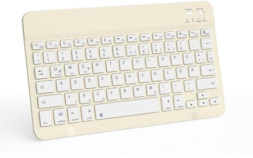 JKSML Tragbare Kabellose Bluetooth Tastatur, Deutsche QWERTZ Layout | für iPad Air/Pro/Mini/iPad 11/10,9/10,5/10,2/9,7 Zoll/iPhone, Tablet, Android, Smartphones, Ultradünn Slim - Weiße Creme