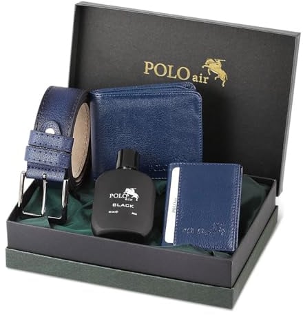 Polo Air Herren Geschenkset 4-Teilig Blau – Luxus Set mit Gürtel Portemonnaie Kartenetui & Parfum – Modernes Design für Männer & Trauzeugen