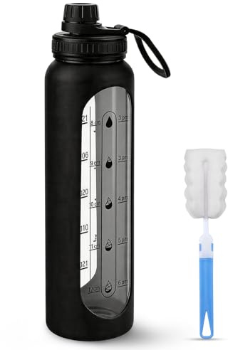 ZAHRVIA Trinkflasche Glas 1L – Kohlensäuregeeignet – mit Reinigungsbürste & Silikonhülle – Glasflasche 1 Liter für Wasser, Saft & Sport – BPA-frei – Glas Trinkflasche für den täglichen Gebrauch