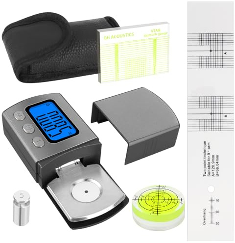 4pcs Turntable Calibration Tool Kit, 0.01g High Accuracy Digital Stylus Force Gauge with 5g Calibration Weight, Bullseye Level, Cartridge Protractor, VTA Azimuth Ruler for Vinyl Tonearm Setup